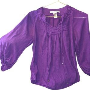 Diane von Furstenberg Purple Cotton Modal Peasant Blouse Size 0 Tie Neck